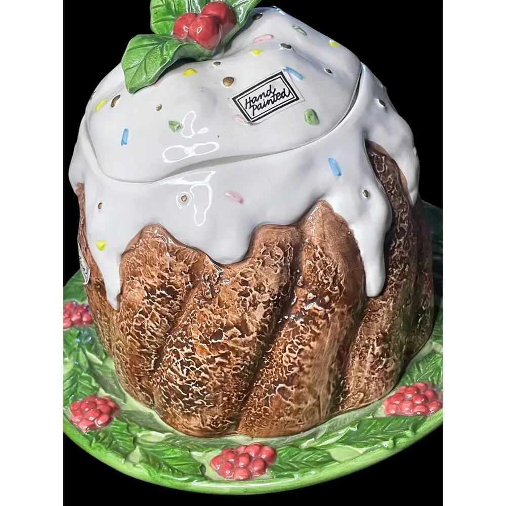 1993 Fitz & Floyd Hand Painted Plum Pudding Holly Leaves Christmas Cookie Jar